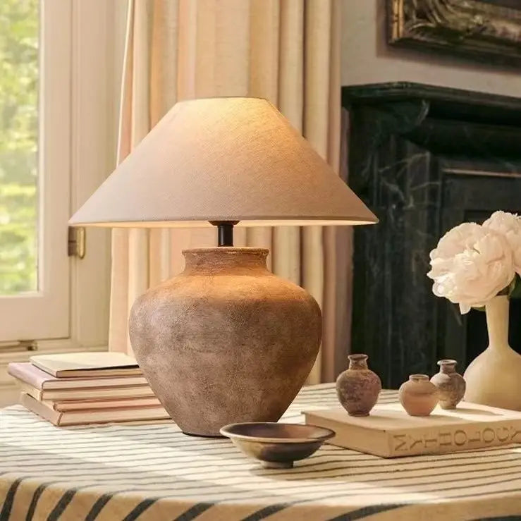 Ceramic Table Lamp - Wabi Sabi Pottery Bedside Lamp with Dimmable LED