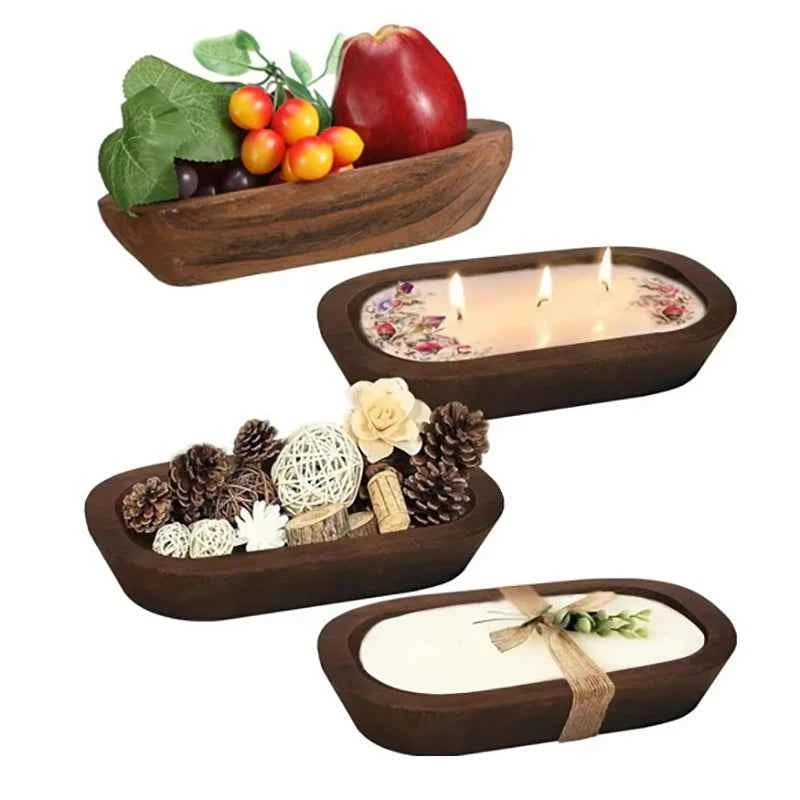 Wooden Dough Bowl Candle Tray Decorative Bowls Home Tabletop Decor Rectangular Fruit Bowl Kitchen Counter Rustic Carving