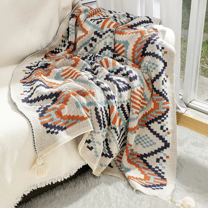 Bohemian Wave Throw Blanket - Ethnic Knit Sofa Blanket with Fringe | 130x170cm