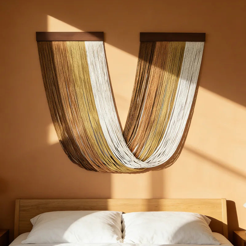 Boho Wooden Wall Art Tapestry - Hand-Woven Cotton Rope Macrame for Bedroom & Living Room