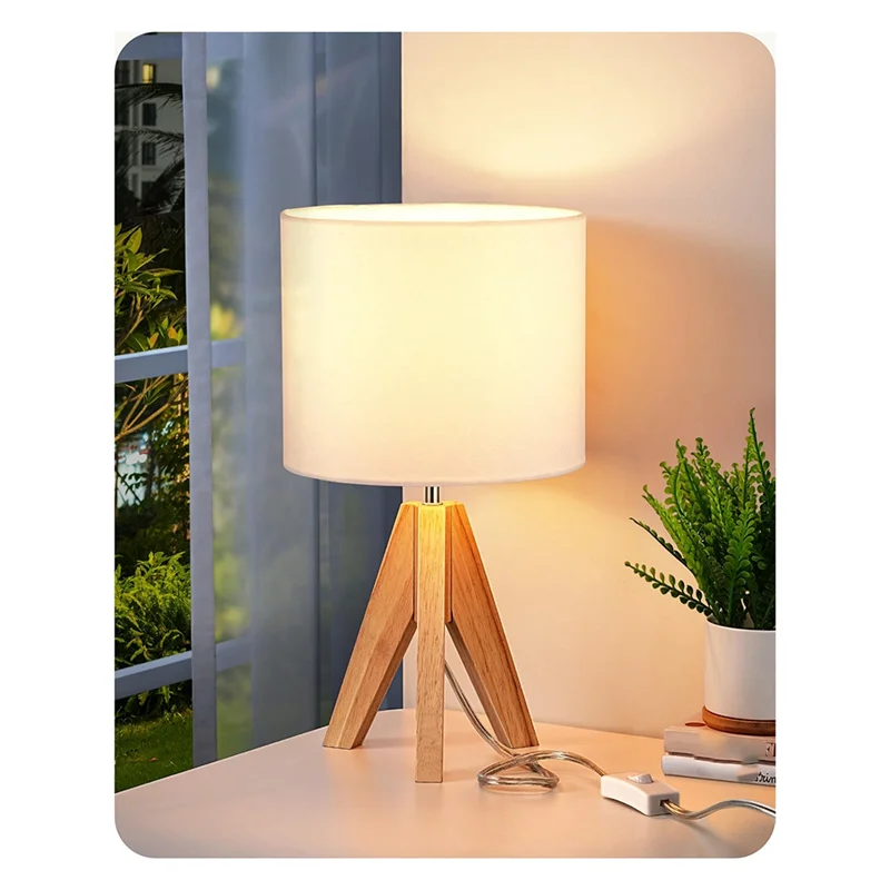 Tripod Table Lamp - Modern Wooden Bedside Lamp with Linen Shade