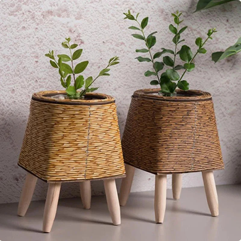 Rattan Woven Planter - Hand-Woven Flower Pot with Removable Legs for Indoor Plants