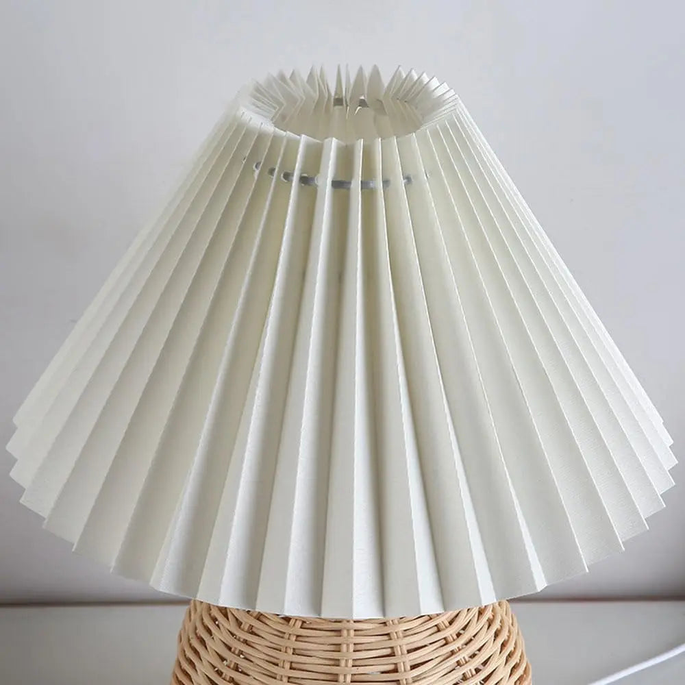 LED Pleated Lampshade - Retro Rattan Bedside Desk Lamp