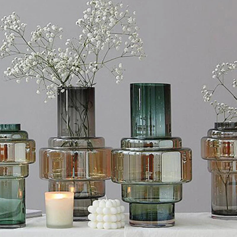 Gradient Geometric Glass Vase - Modern Minimalist Flower Vase for Living Room