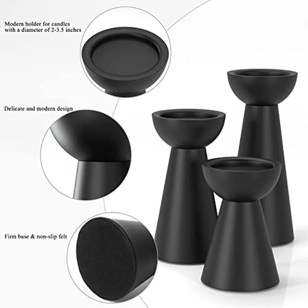 Matte Black Candle Holders Set of 3 - Metal Round Candle Stands