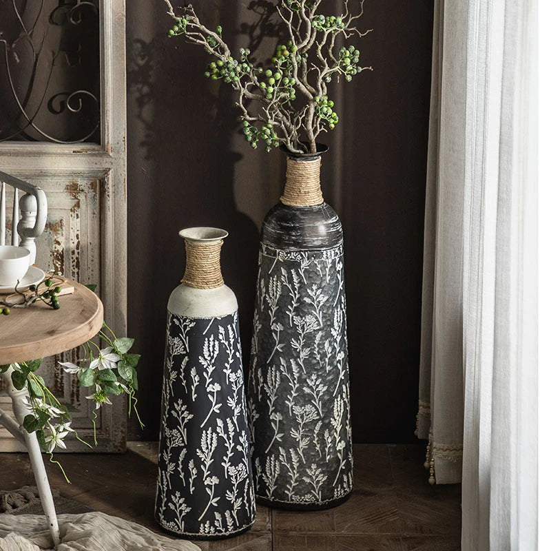 American Vintage Iron Print Floor Vase - Large Standing Vase for Living Room Decor
