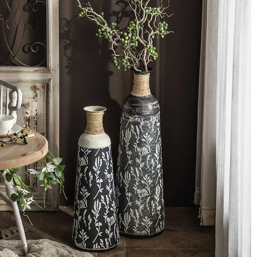 American Vintage Iron Print Floor Vase - Large Standing Vase for Living Room Decor