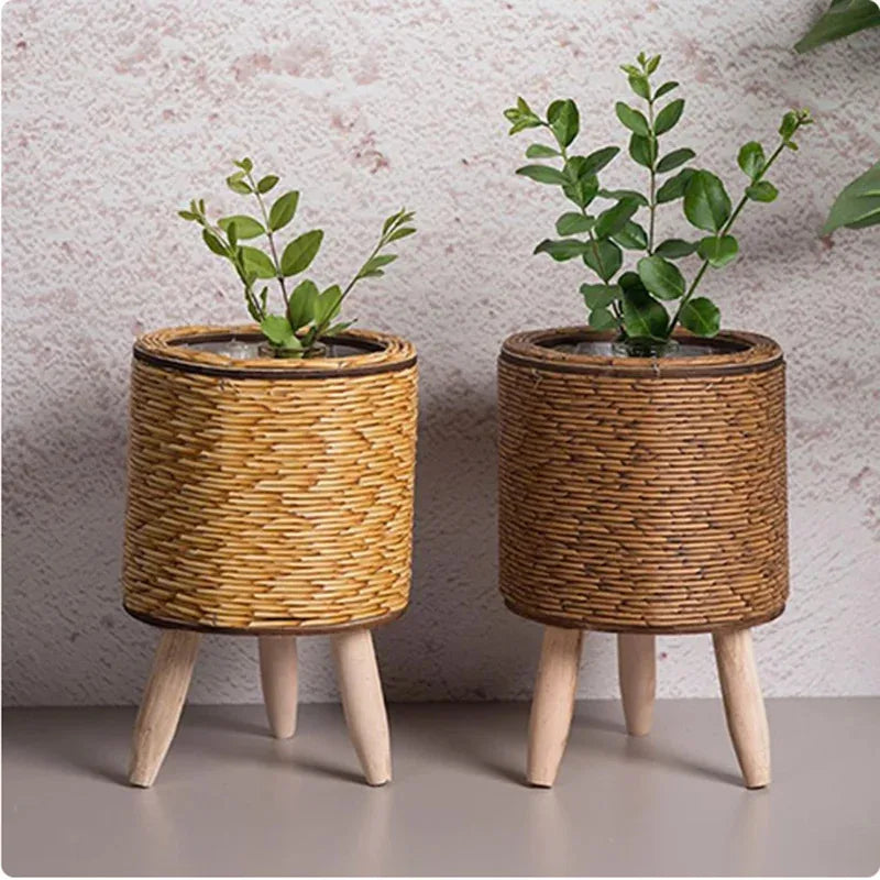 Rattan Woven Planter - Hand-Woven Flower Pot with Removable Legs for Indoor Plants