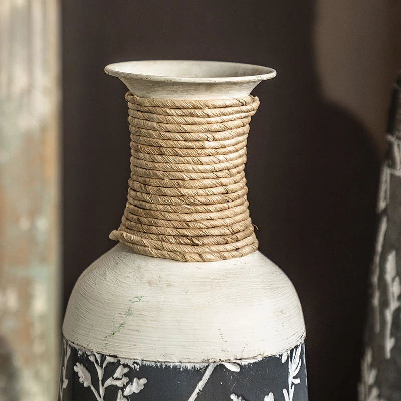 American Vintage Iron Print Floor Vase - Large Standing Vase for Living Room Decor