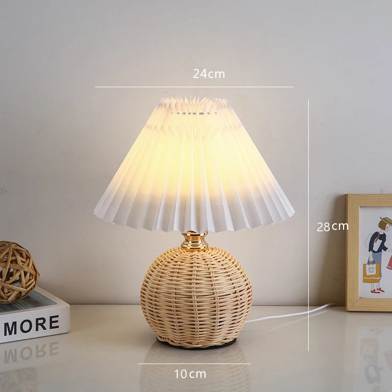 LED Pleated Lampshade - Retro Rattan Bedside Desk Lamp