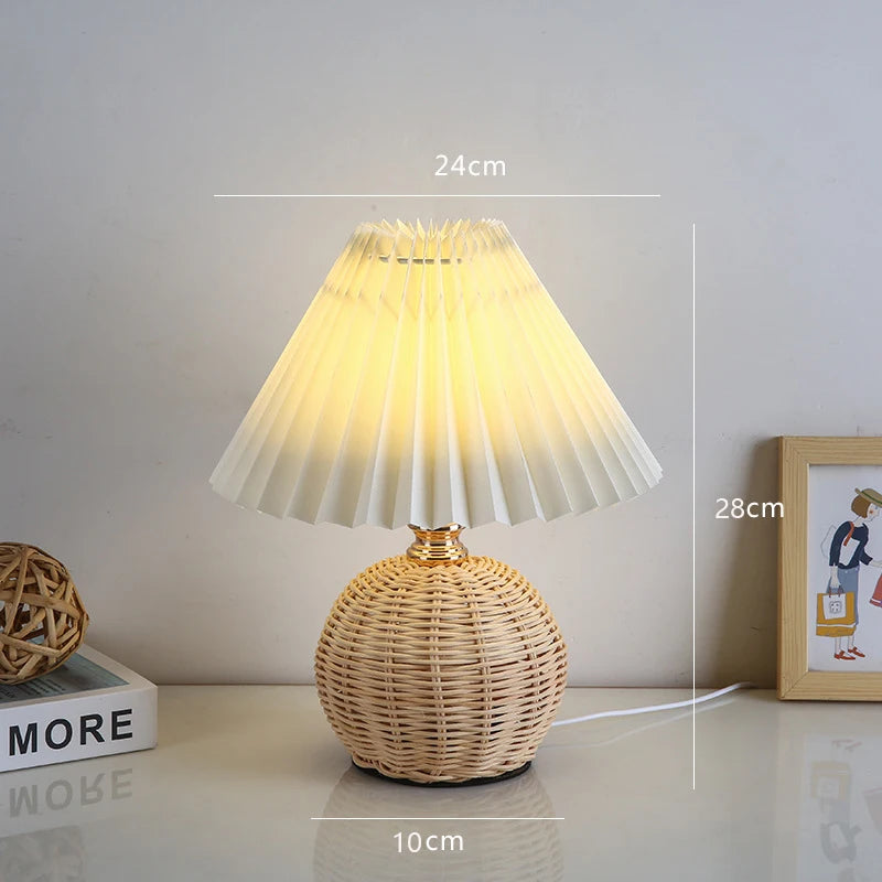 LED Pleated Lampshade - Retro Rattan Bedside Desk Lamp