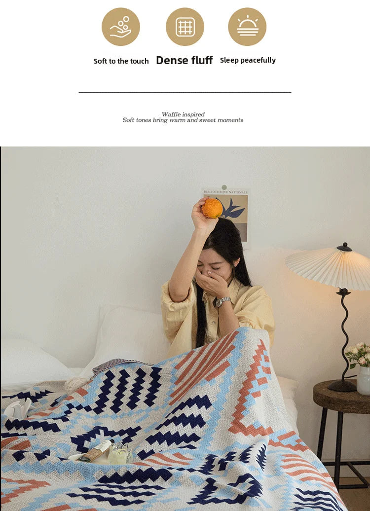 Bohemian Wave Throw Blanket - Ethnic Knit Sofa Blanket with Fringe | 130x170cm