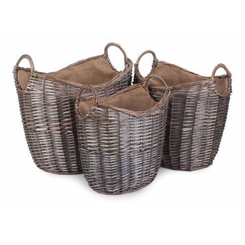 Antique Wash Wicker Log Basket with Hessian Liner | Scoop Neck 3 Sizes