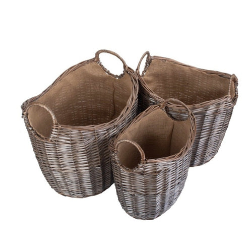 Antique Wash Wicker Log Basket with Hessian Liner | Scoop Neck 3 Sizes