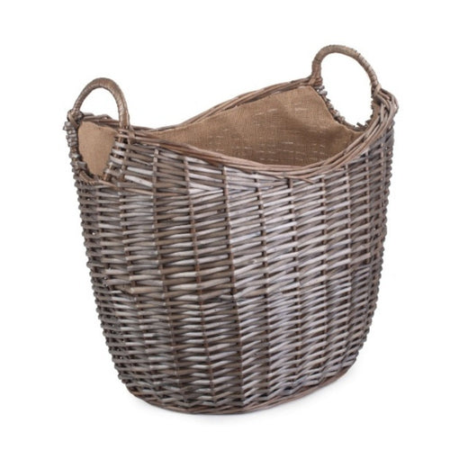Antique Wash Wicker Log Basket with Hessian Liner | Scoop Neck 3 Sizes