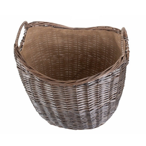 Antique Wash Wicker Log Basket with Hessian Liner | Scoop Neck 3 Sizes