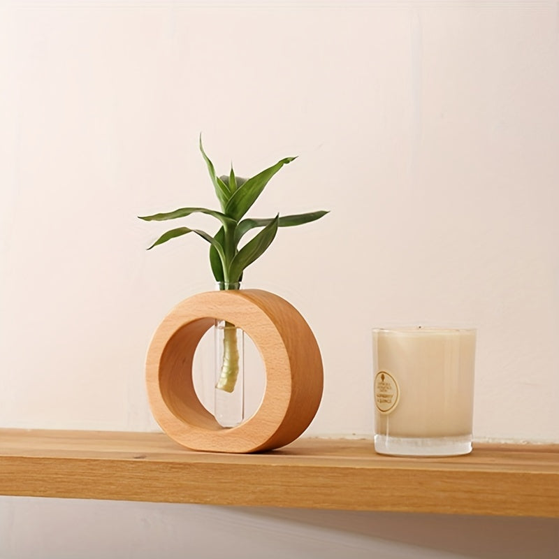 Glass Vase with Wood Base - Modern Hydroponic Planter for Home Decor