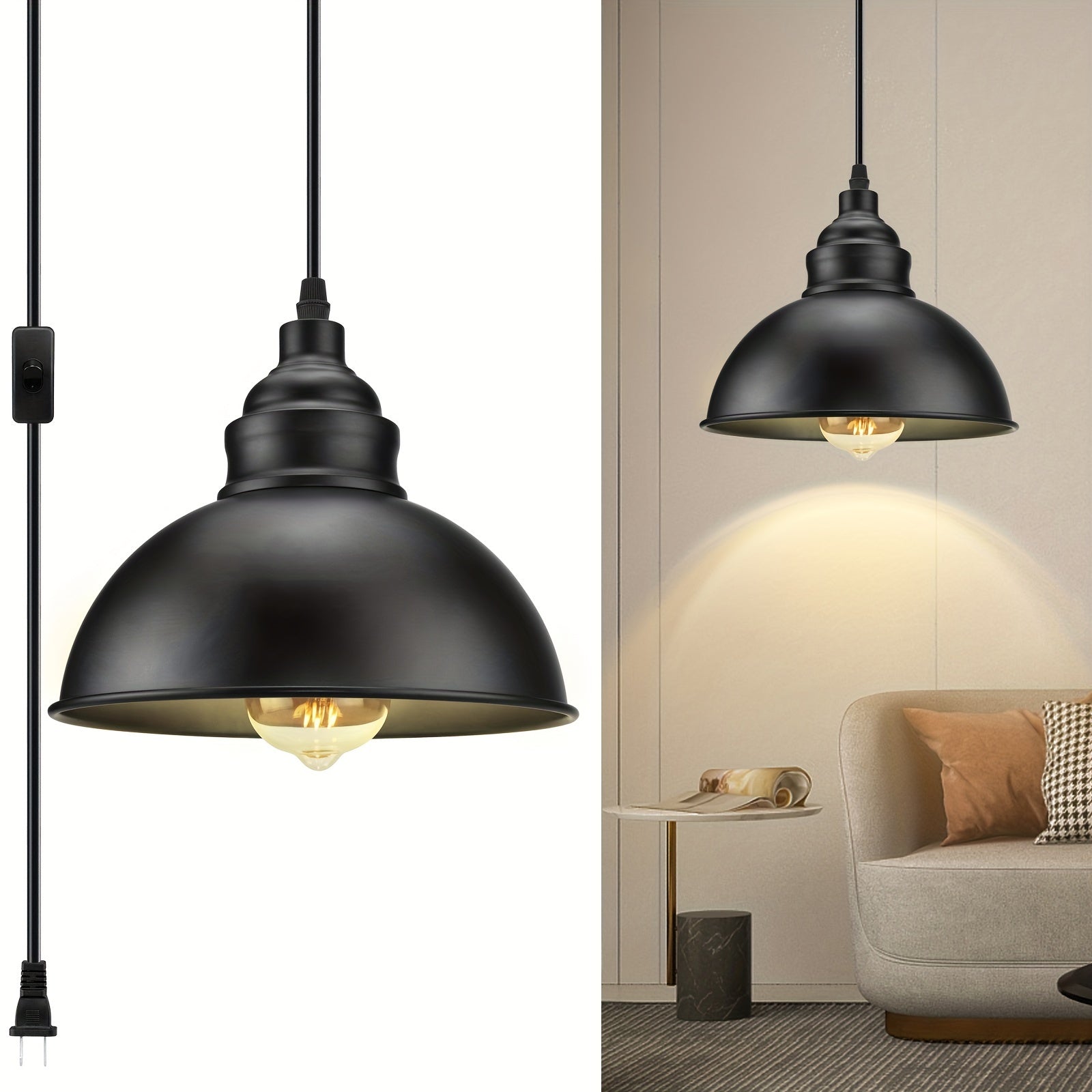 Industrial Pendant Light with Plug in Cord - 15ft Metal Hanging Lamp with Switch