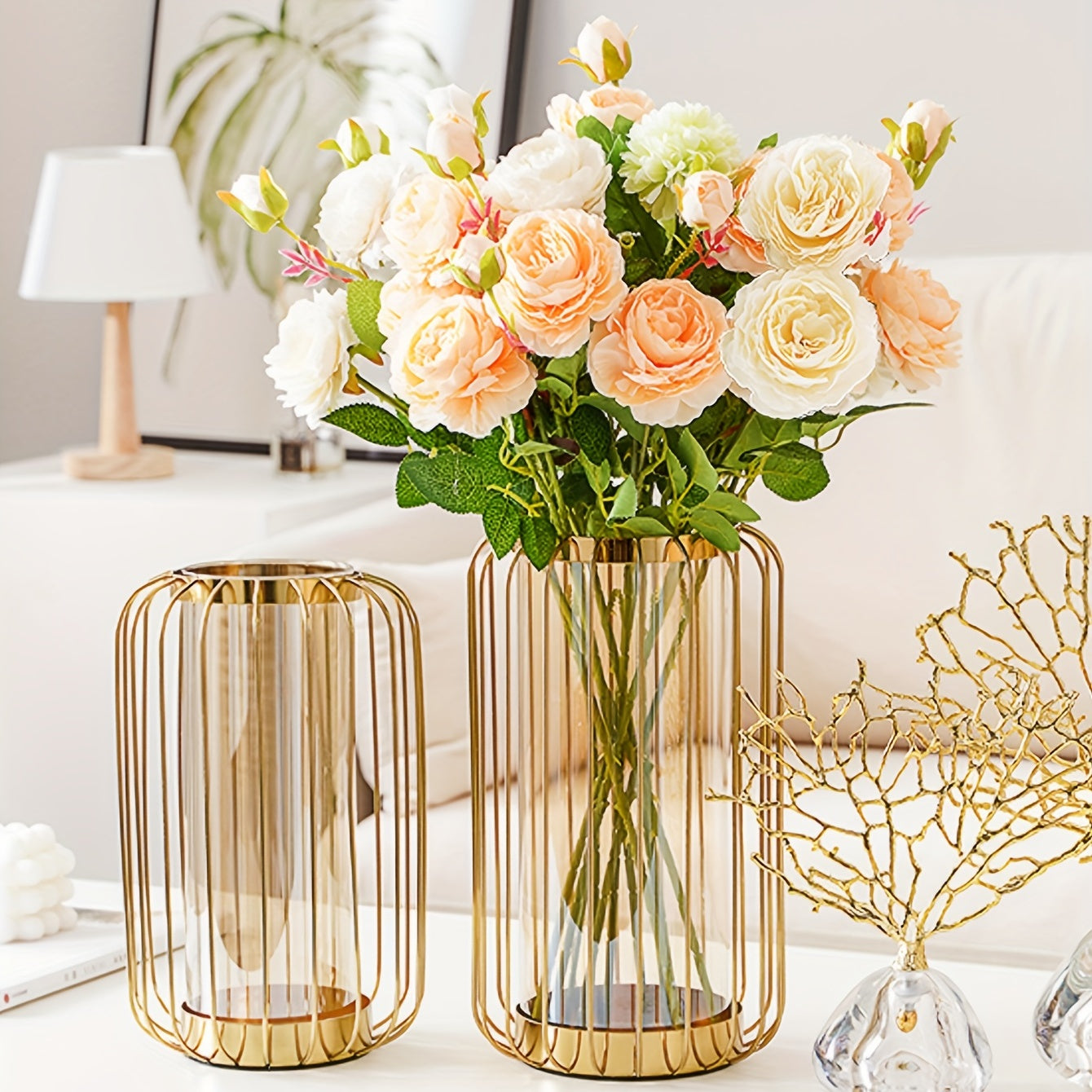 Metal & Glass Vase - Luxury Cylinder Vase for Dining Table & Home Decor
