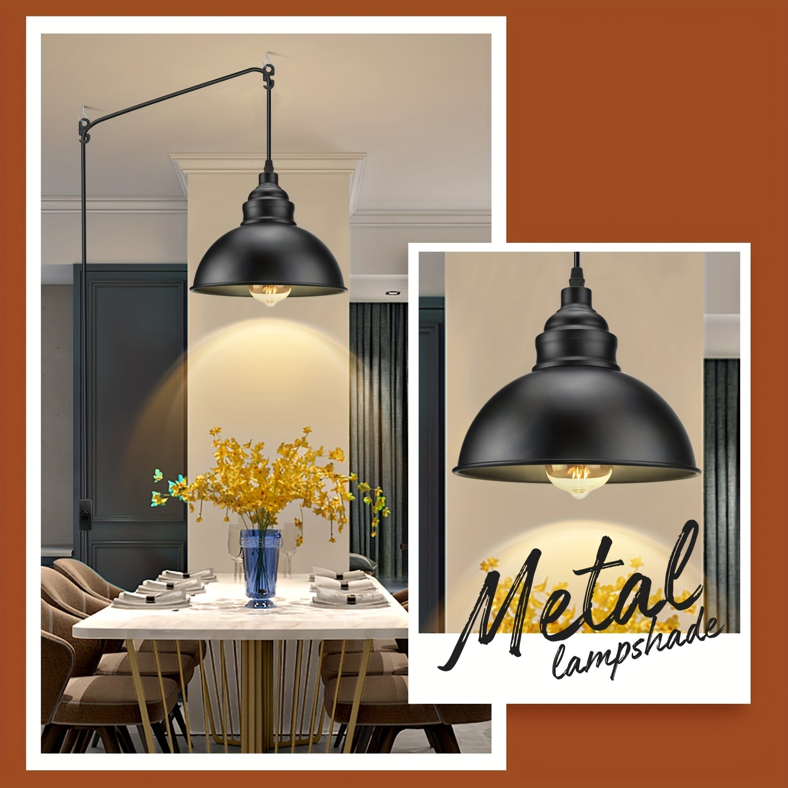 Industrial Pendant Light with Plug in Cord - 15ft Metal Hanging Lamp with Switch