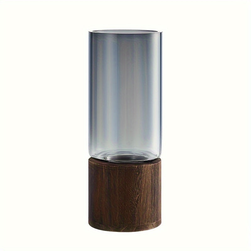 Glass Vase with Wooden Base - Art Deco Round Vase for Home Decor