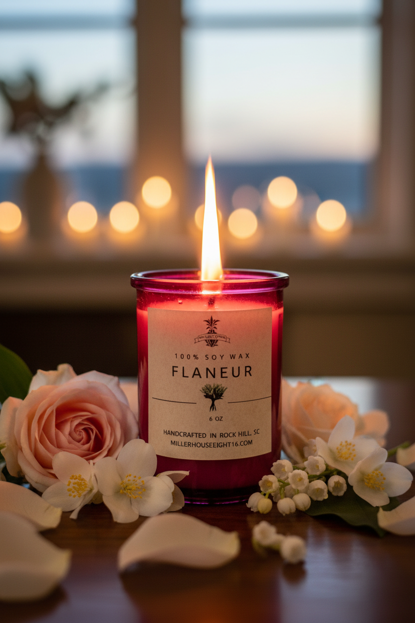 Close-up of burning candle with floral elements