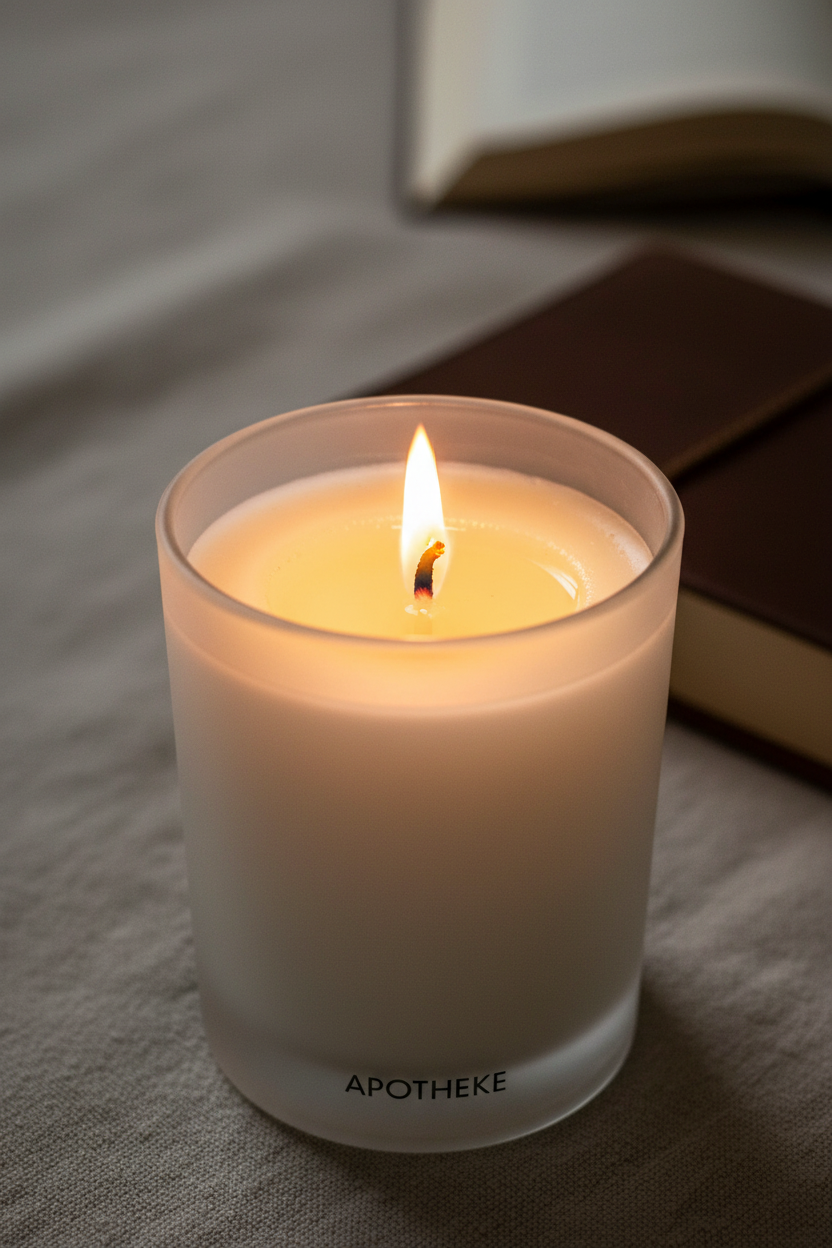 Close-up of burning candle with warm glow