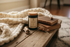 Cozy hygge setting with textiles and wood
