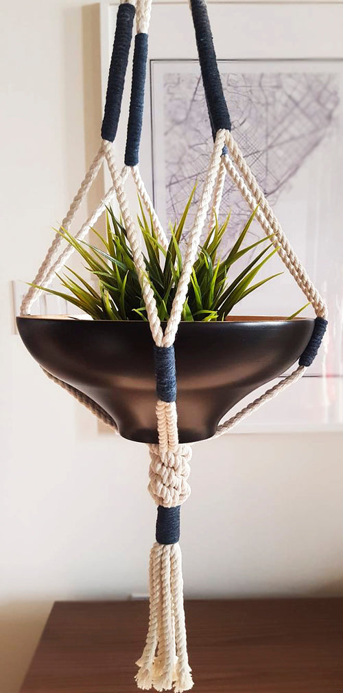 Handmade Macrame Plant Hanger - Navy Color Block Cotton Rope - 35" Hanging Planter