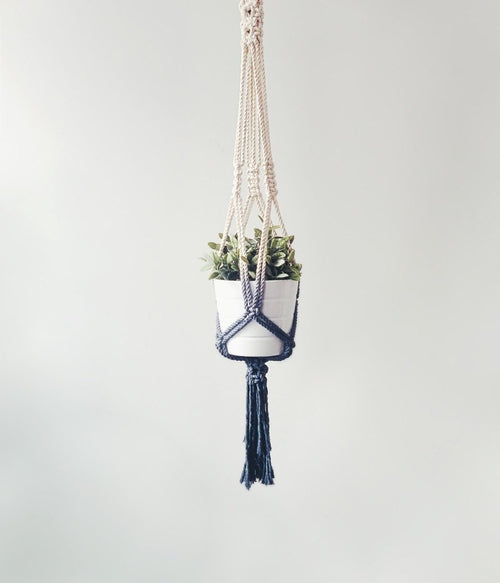 Handmade Macrame Plant Hanger - Dip Dyed Navy Blue - 100% Cotton Hanging Planter