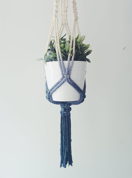 Handmade Macrame Plant Hanger - Dip Dyed Navy Blue - 100% Cotton Hanging Planter