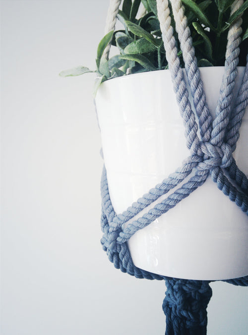 Handmade Macrame Plant Hanger - Dip Dyed Navy Blue - 100% Cotton Hanging Planter