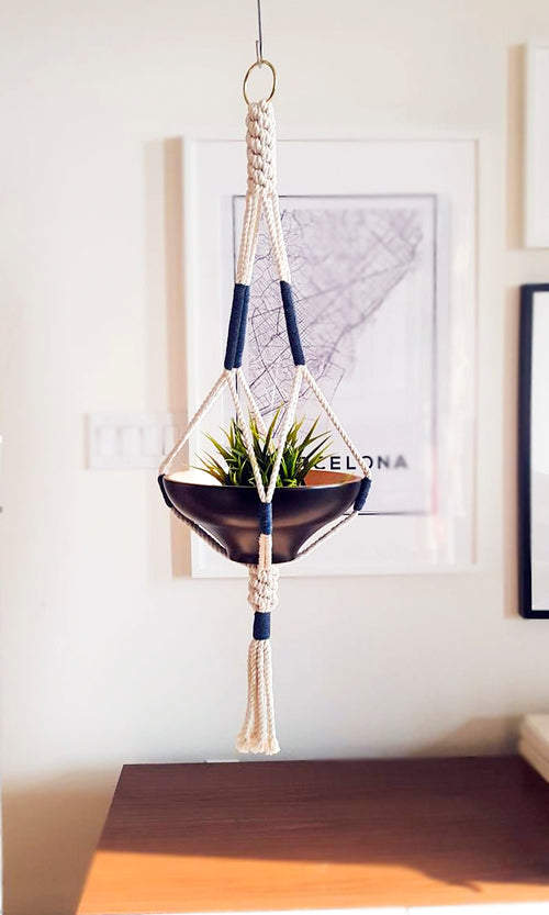 Handmade Macrame Plant Hanger - Navy Color Block Cotton Rope - 35" Hanging Planter