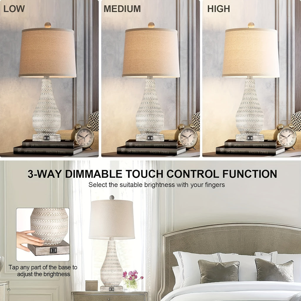 Touch Table Lamps Set of 2 - Dimmable Bedside Lamps with USB Ports