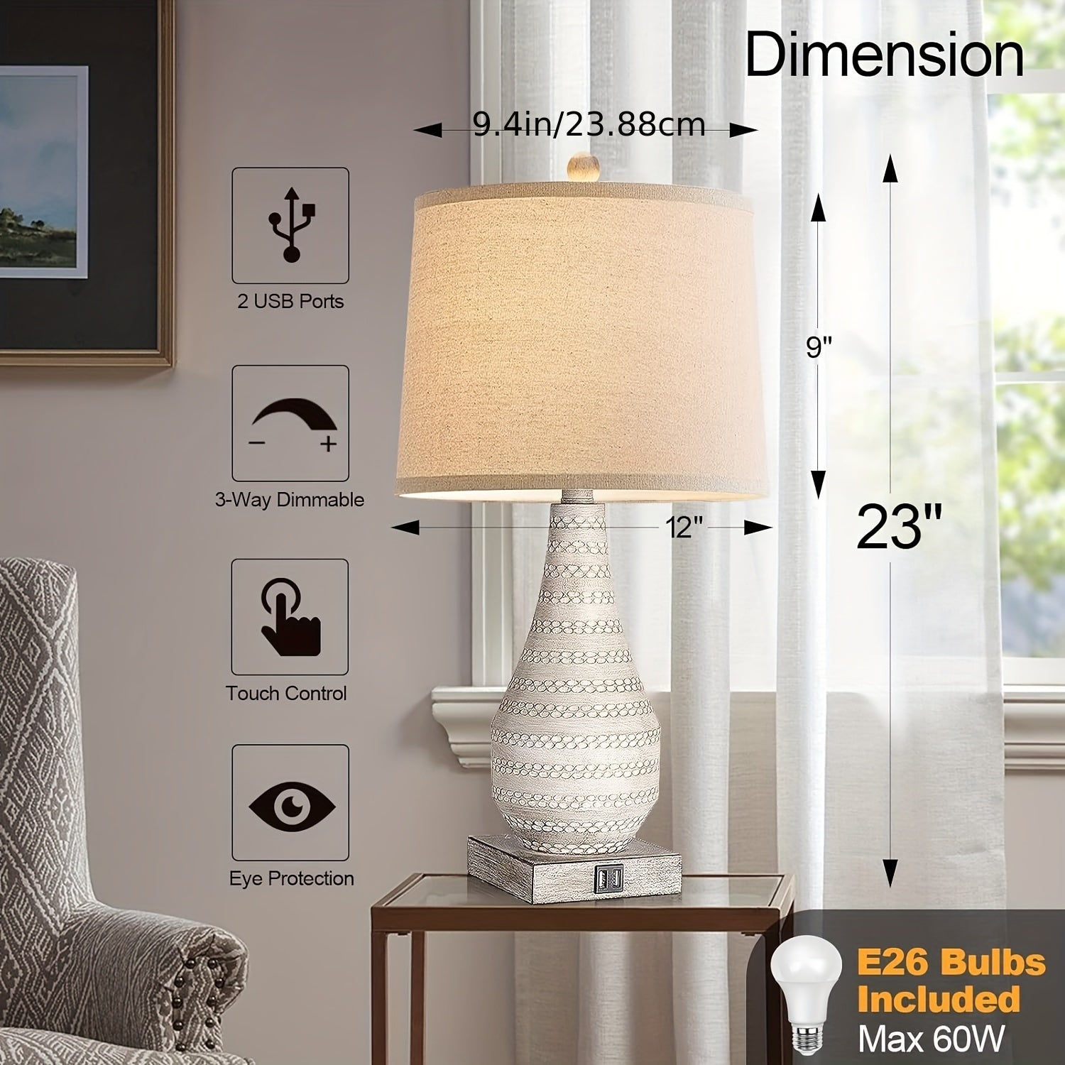 Touch Table Lamps Set of 2 - Dimmable Bedside Lamps with USB Ports