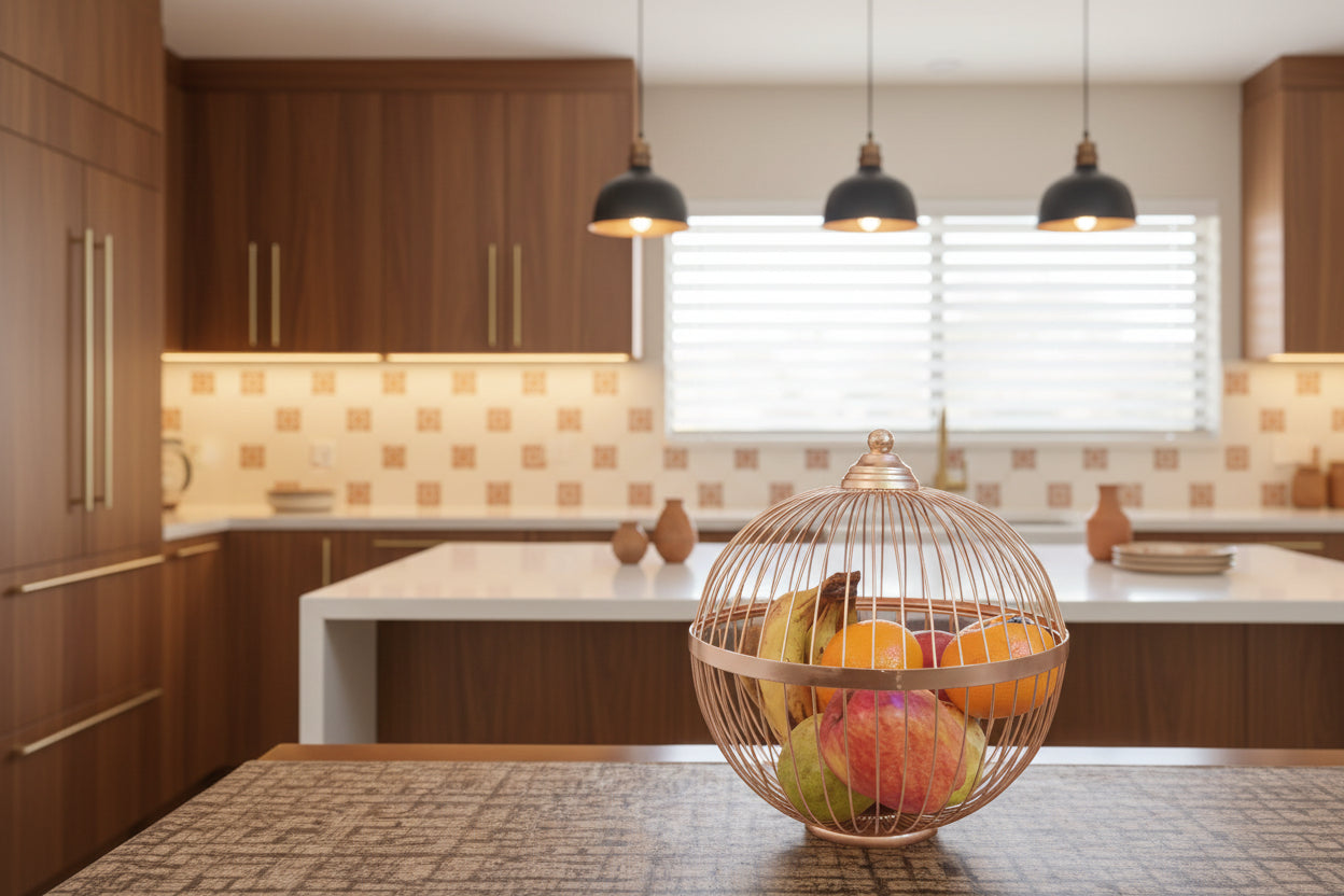 Metal Dome Cage Fruit Basket - Decorative Kitchen Centerpiece for Countertop