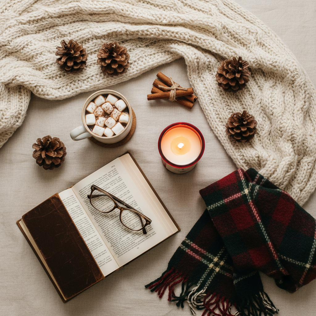 Hygge-inspired cozy winter flat-lay