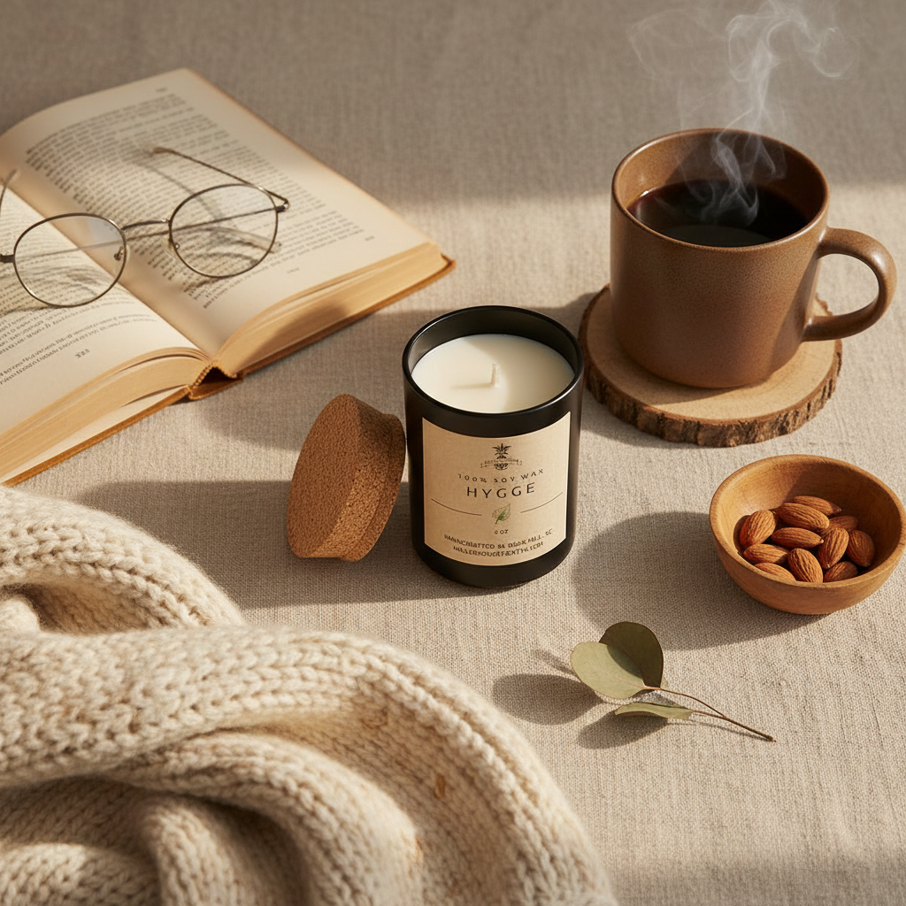 Hygge-inspired flat-lay with coffee and blanket