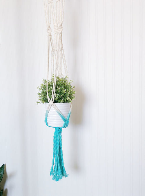 Handmade Macrame Plant Hanger - Dip Dyed Aquamarine - 43" Cotton Hanging Planter