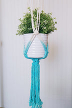 Handmade Macrame Plant Hanger - Dip Dyed Aquamarine - 43" Cotton Hanging Planter