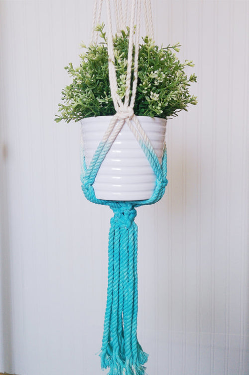 Handmade Macrame Plant Hanger - Dip Dyed Aquamarine - 43" Cotton Hanging Planter