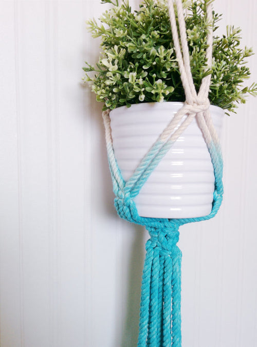 Handmade Macrame Plant Hanger - Dip Dyed Aquamarine - 43" Cotton Hanging Planter