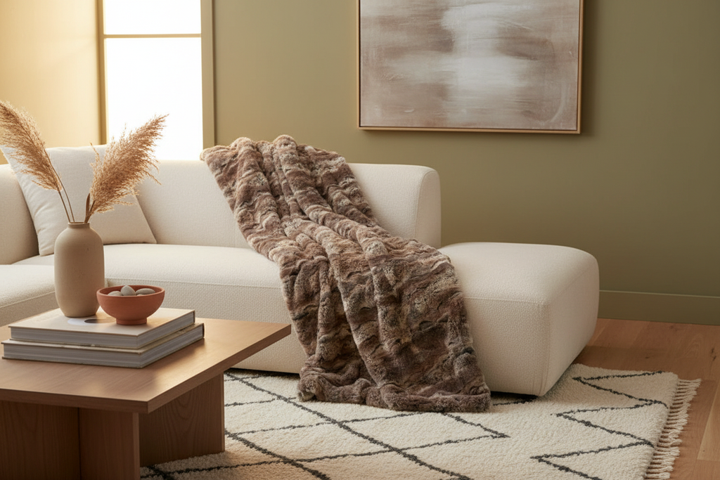 Luxurious living room setting with faux fur throw