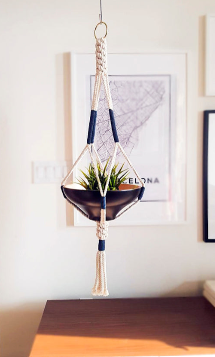 Handmade Macrame Plant Hanger - Navy Color Block Cotton Rope - 35" Hanging Planter
