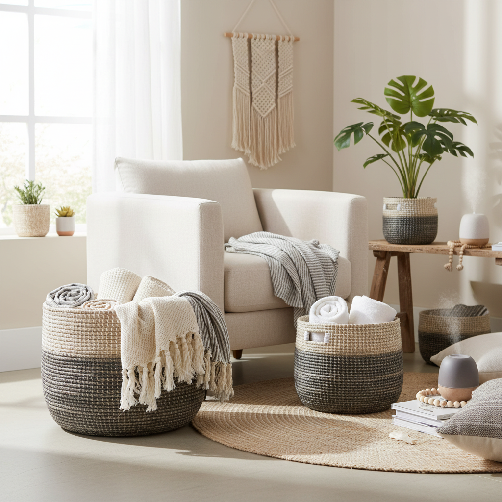 Natural Grey Seagrass Storage Basket Lifestyle