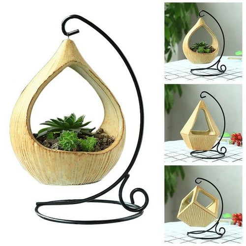 Geometric Ceramic Succulent Planter with Iron Stand | Hanging Basket