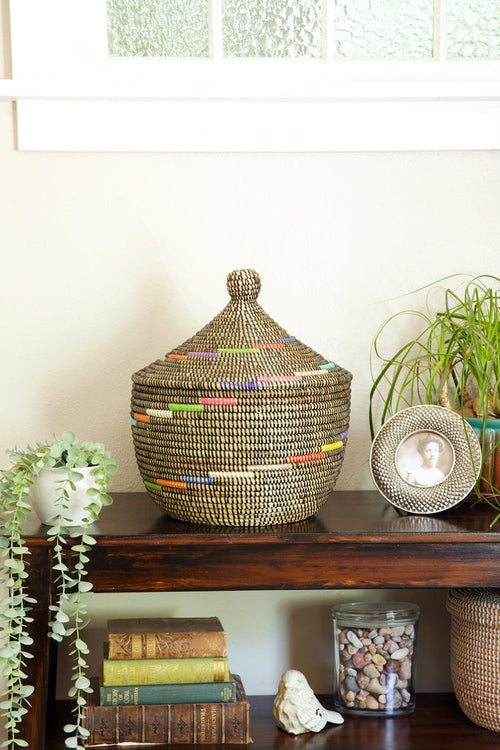 Kenya Sisal Warming Basket with Lid 12" | Handwoven African Storage Basket